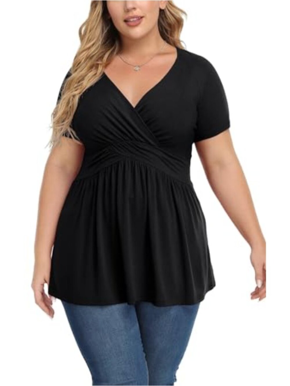 Women's Plus Size Short Sleeve V-Neck Tunic Top Wrap Blouse